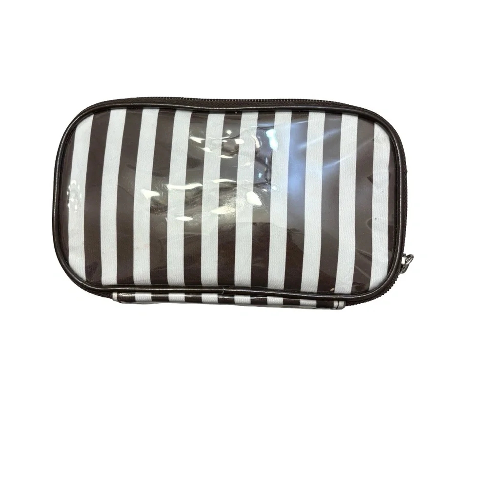 Henri bendel white & brown striped cosmeti case bag.